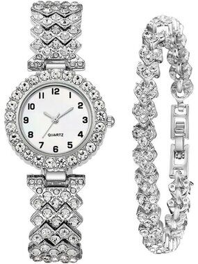 Women Silver Analog Fashion Diamond Bangle Bracelet Set Luxury Round Wrist Watch